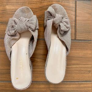 Lulu's Shimmery Knot-Front Slide Sandals in Taupe